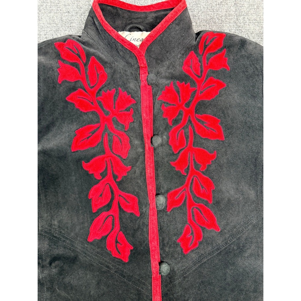 Linea by Louis Dell'Olio Womens Suede Leather Jacket M Black Red Floral Applique